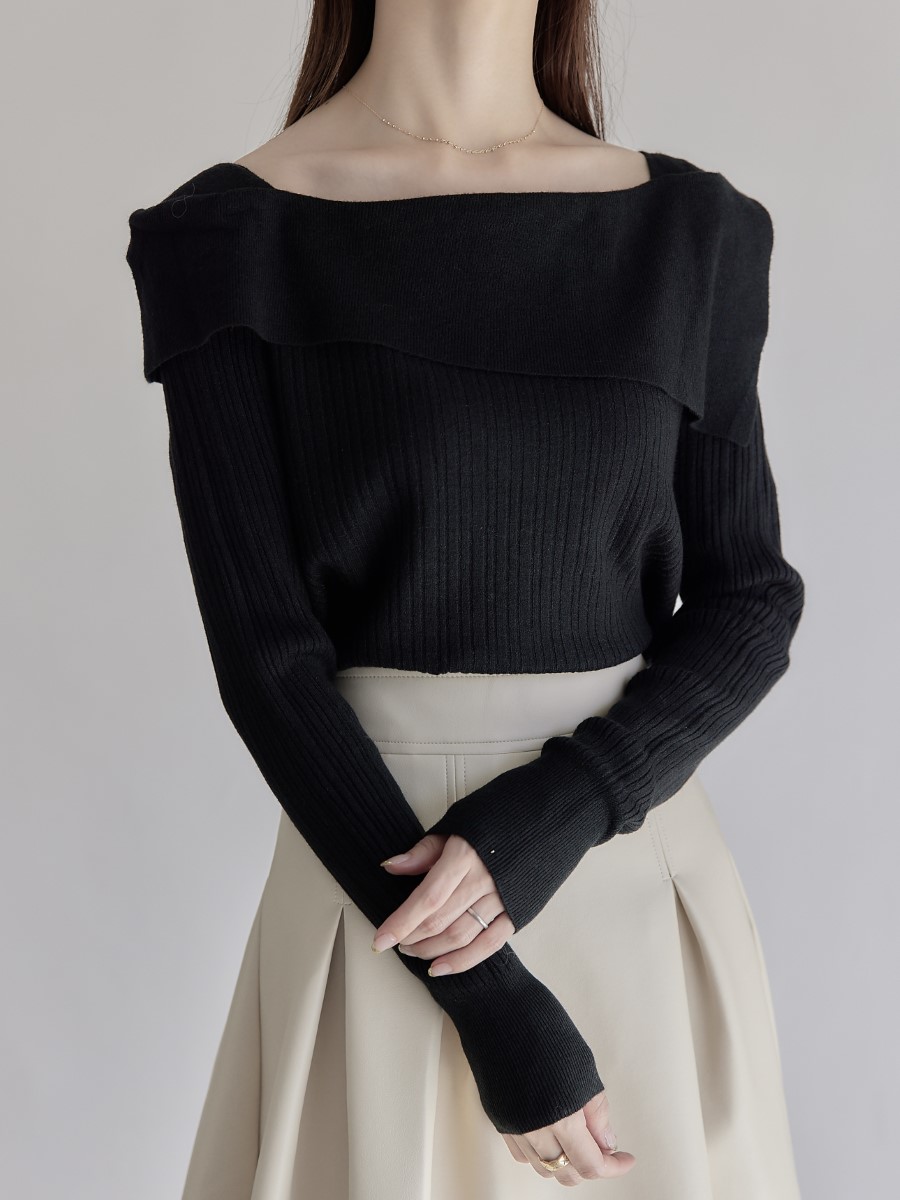 NEW】 asymmetry collar rib knit amel