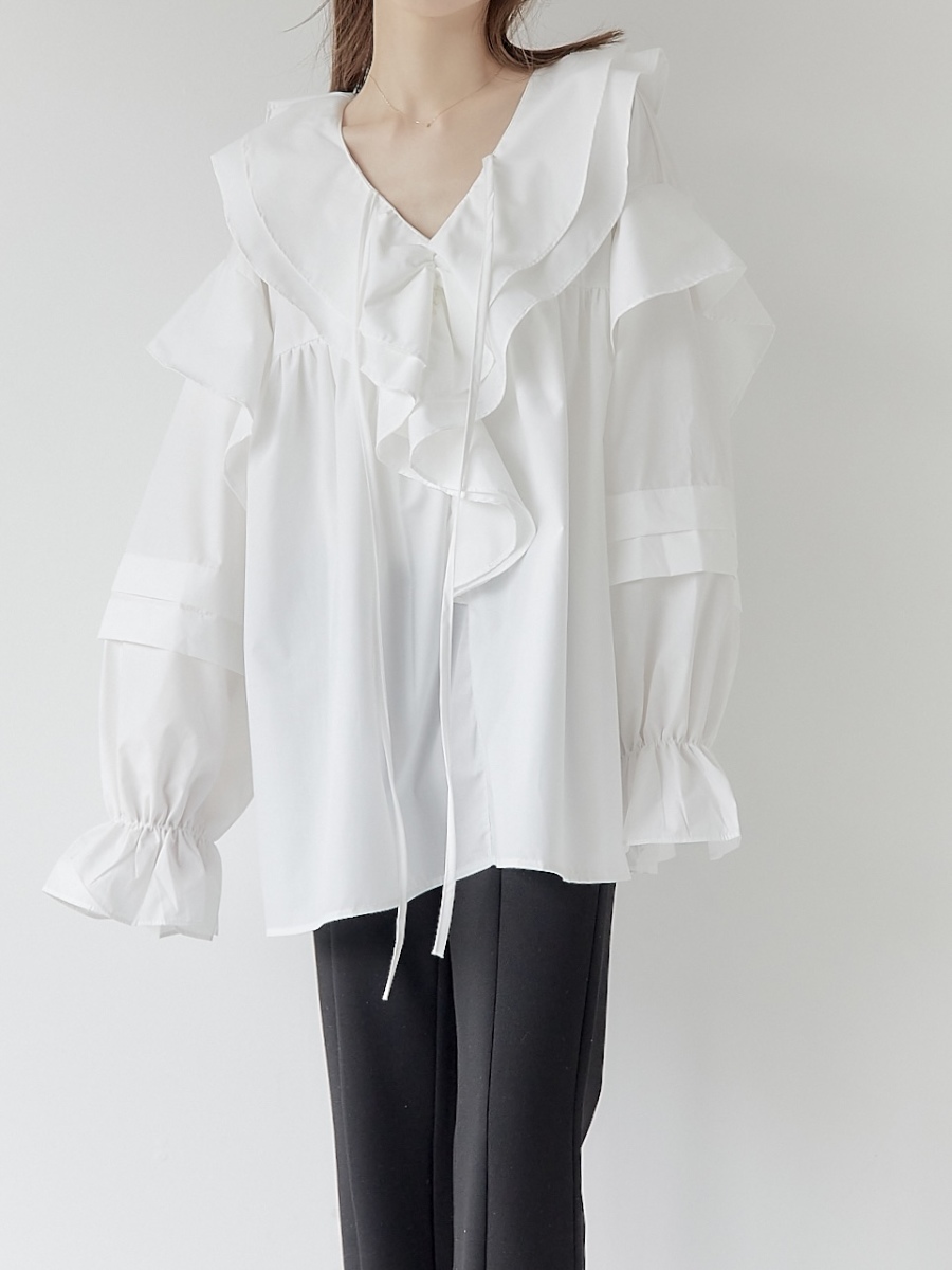 RE ARRIVAL】 frill ribbon blouse / white amel