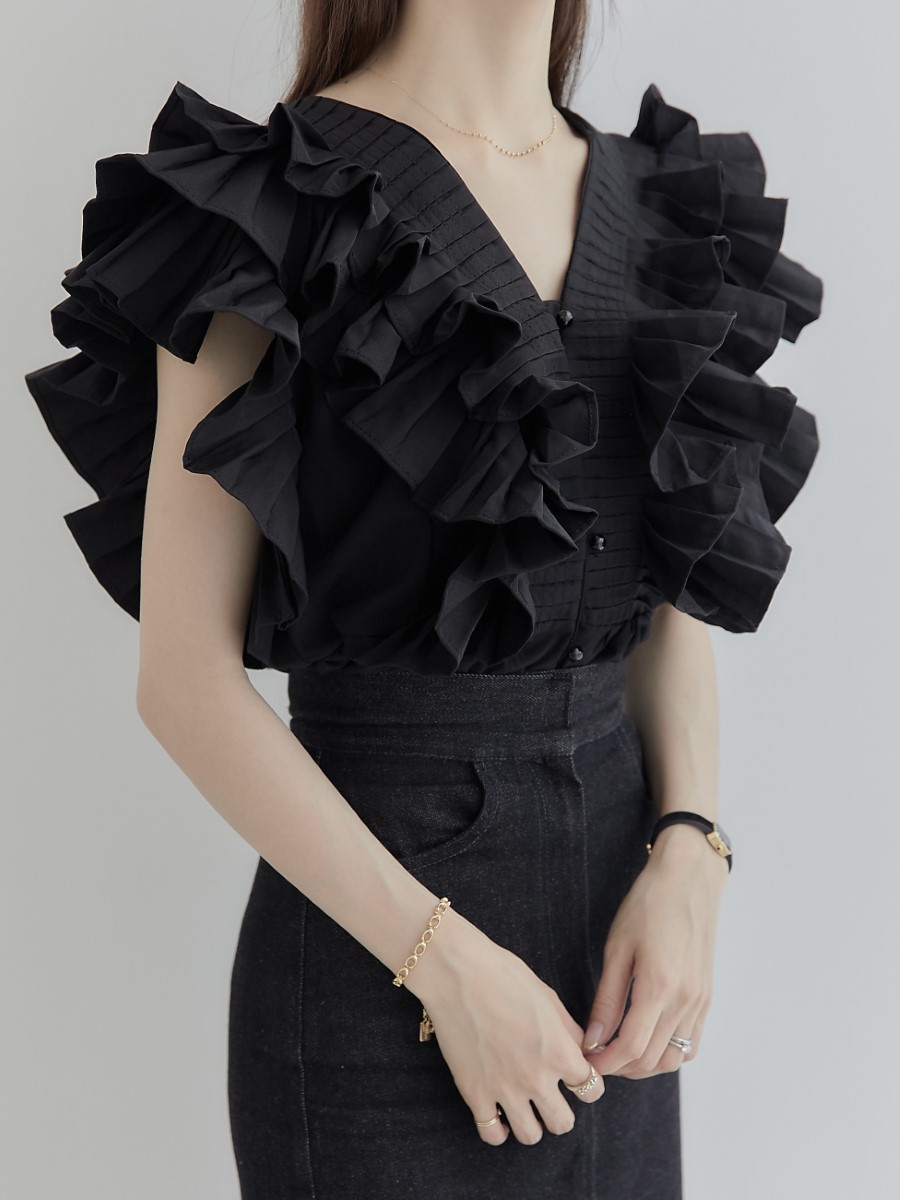 RE ARRIVAL】 ruffle frill blouse / black amel