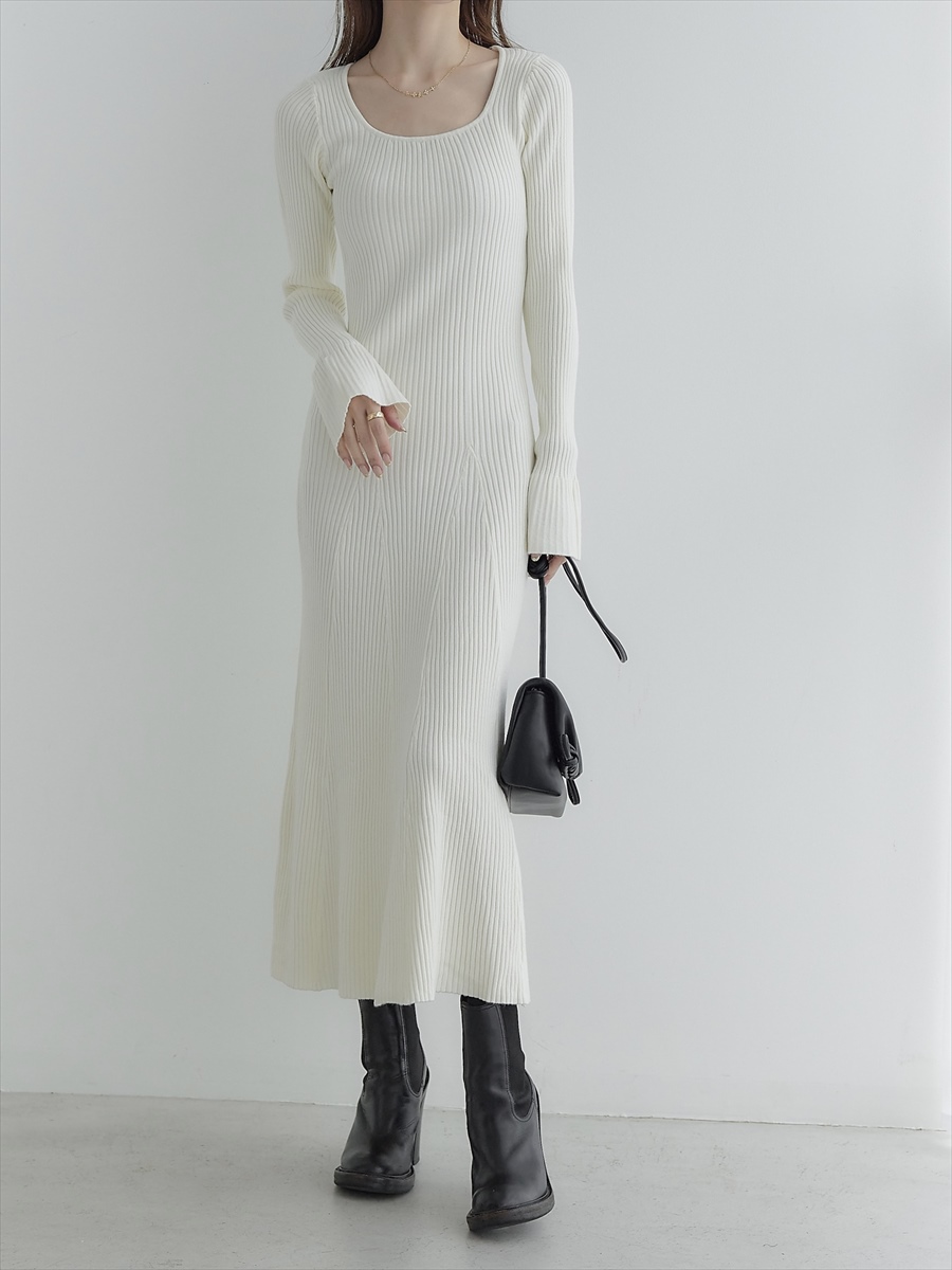 NEW】bell sleeve rib knit dress / ivory Onepiece