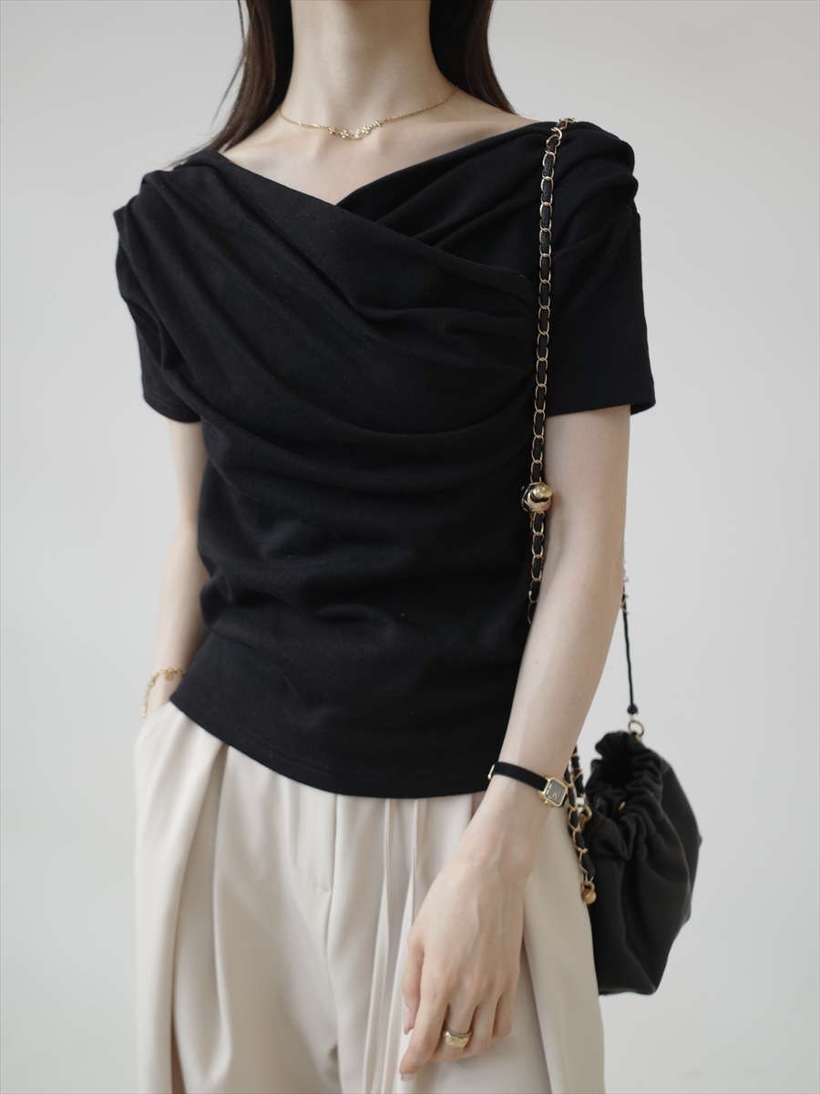 カットソー(長袖/七分) amel  drape design tops NEW】drape design half sleeve top / black amel